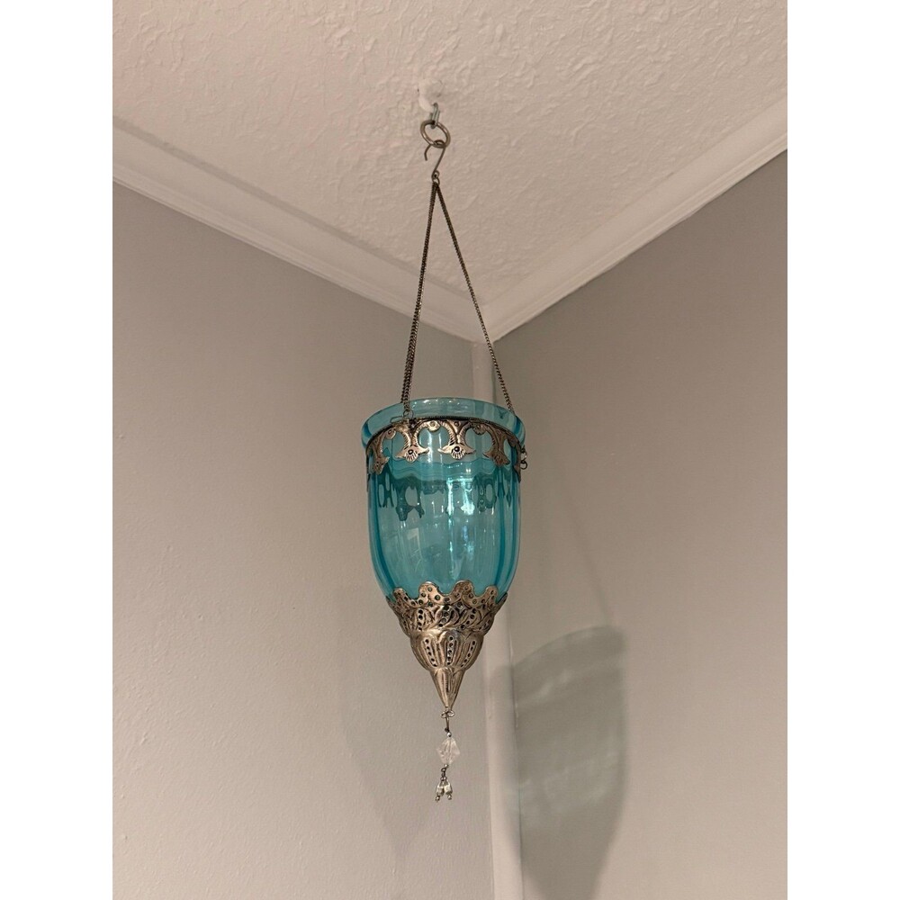 Vintage Moroccan Blue Glass Hanging Candle Holder Filigree Lantern Crystal Drop